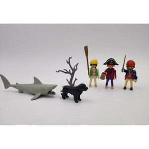 Vintage Playmobil Pirates Castaway 376 Three Pirates Shark Dog And Tree Set of 6
